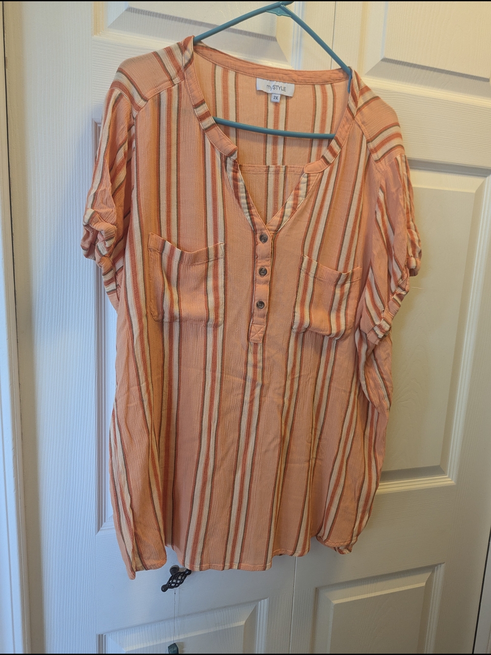 Striped Orange Cream Button-Front Tunic with Patch Pockets